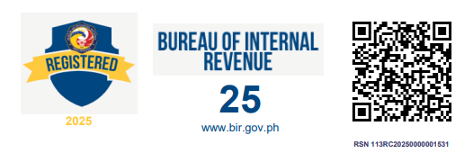Bureau of Internal Revenue badge showing Registered 2025 and a QR code